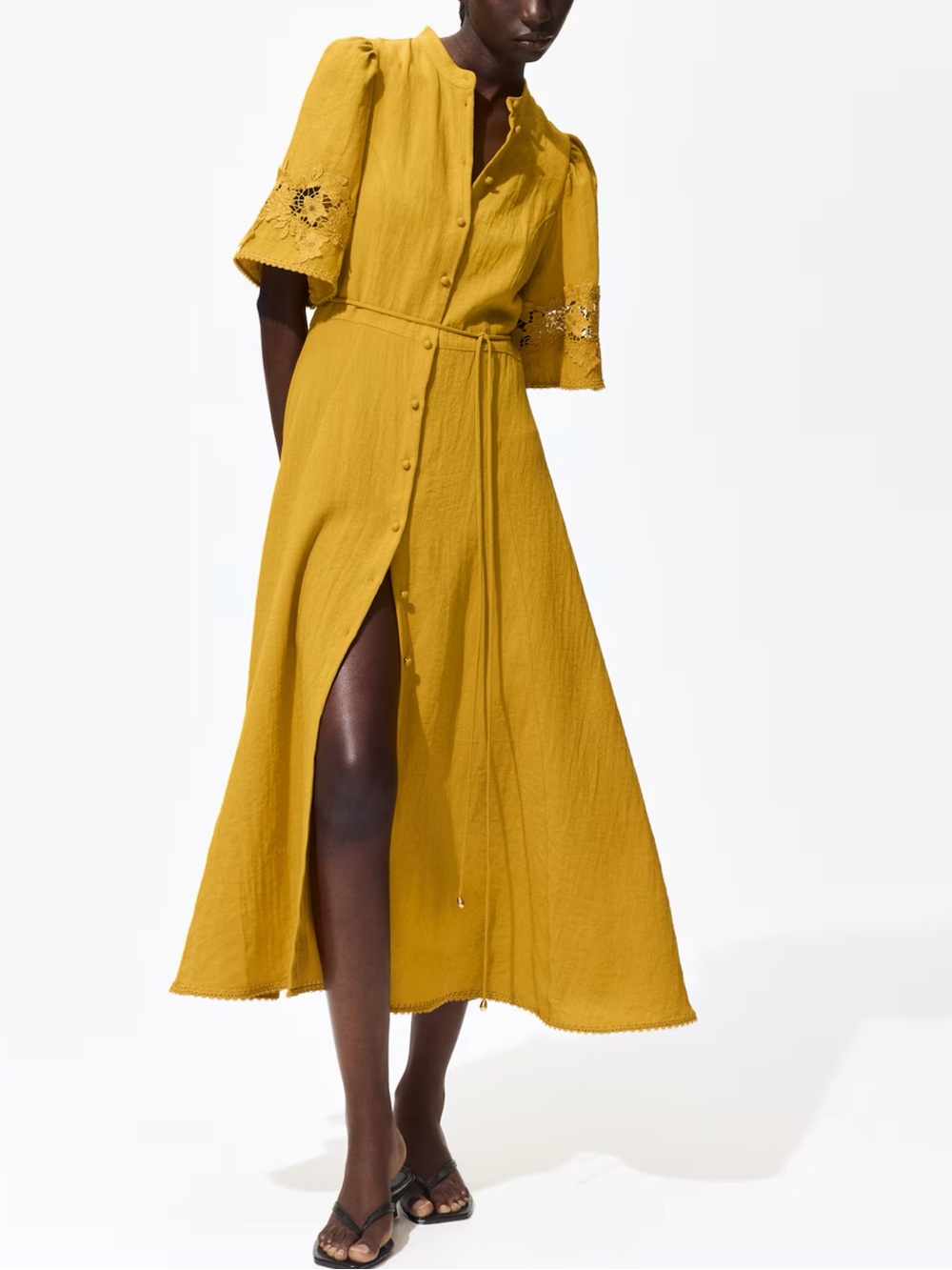 H&M Crinkled Midi Dress with Eyelet Embroidery Golden Yellow NWT - Picture 2 of 6